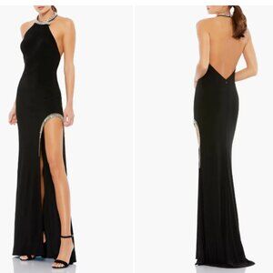 MAC DUGGAL 26533 HIGH SLIT HALTER W/ RHINESTONE ACCENTS BLACK JERSEY GOWN sz 0